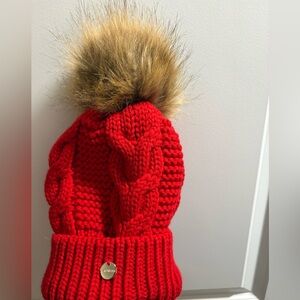 ❤️ Express Red Cable Knit Hat with Faux Fur Pom-Pom ❤️